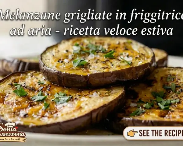 Fette di melanzane grigliate in friggitrice ad aria, condite con erbe aromatiche e sale grosso. Una ricetta veloce e gustosa per l'estate.