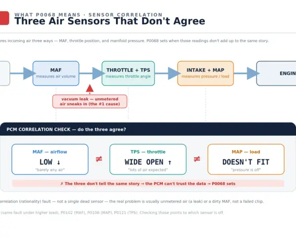 P0068 code: Three air sensors disagree. MAF shows low airflow, TPS wide open, MAP doesn't fit. PCM can't trust data.