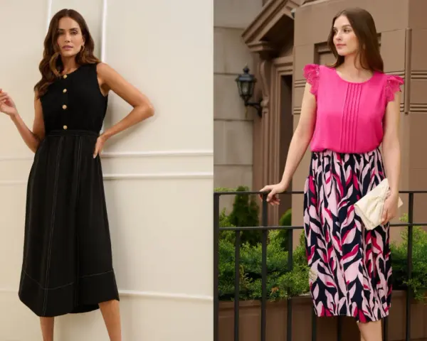 Deux femmes portent des jupes : une noire avec surpiqûres, l'autre colorée. Le patron jupe plis creux est visible sur le haut rose.