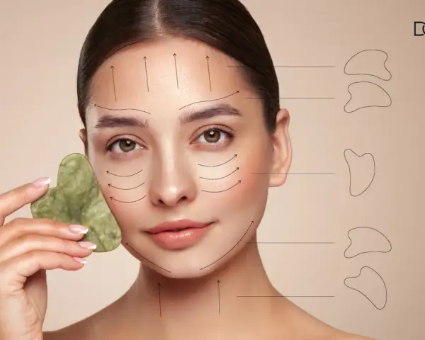 Frau mit Gua Sha Stein im Gesicht, Pfeile zeigen die Anwendungsrichtung. Entdecke, was Gua Sha bringt für deine Hautpflege.