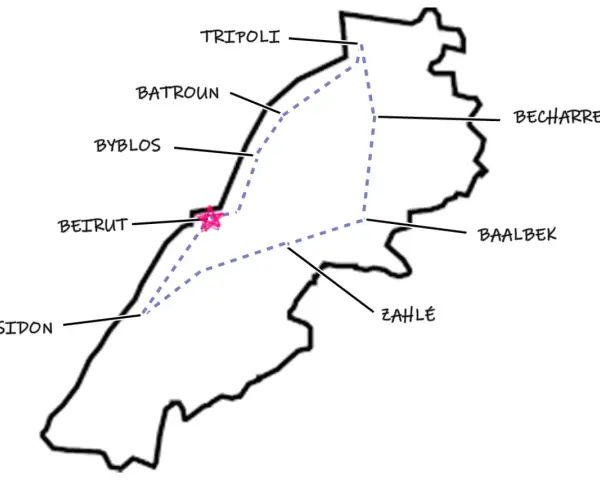 Map of Lebanon showing a dashed route connecting Tripoli, Batroun, Byblos, Beirut, Sidon, Zahle, and Becharre. A pink star marks Beirut. Perfect for planning days in Lebanon.