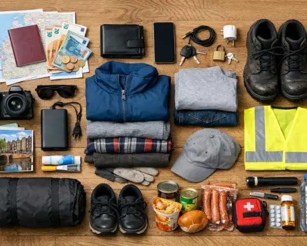 Zestaw podróżny: mapa, paszport, pieniądze, aparat, powerbank, ubrania, buty, czapka, kamizelka odblaskowa, latarka, apteczka, jedzenie. solutions recruitment bv.