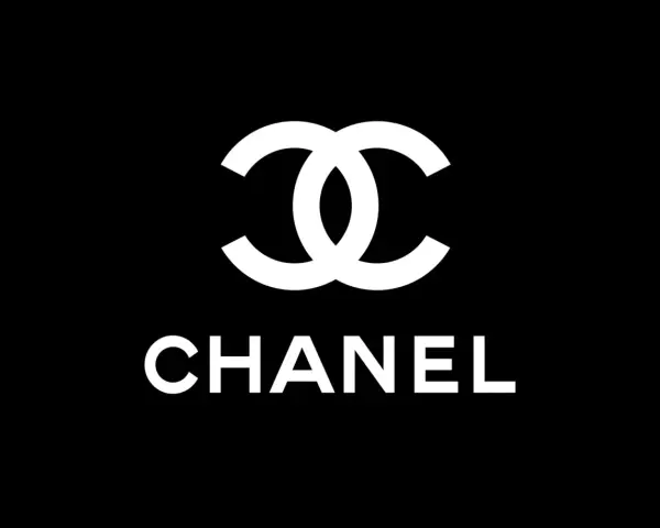 Logo bianco con le doppie C intrecciate e il nome CHANEL sotto, simbolo di eleganza.