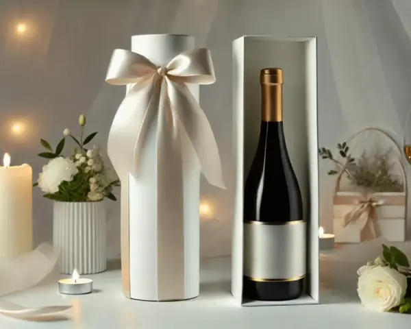 Eleganckie opakowanie na wino na ślub, z satynową wstążką i złotymi detalami. Idealne, by dowiedzieć się, jak zapakować wino na ślub.