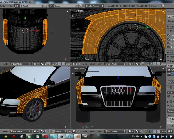 Program do projektowania samochodów 3D, widok siatki Audi A8 w Blenderze.