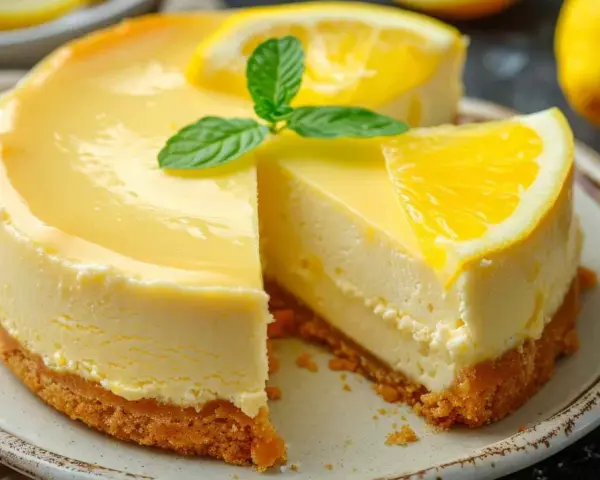 Delicioso mousse de limón con base de galleta, decorado con rodajas de limón y hojas de menta.