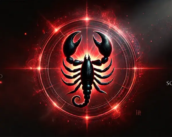 Mroczny skorpion w centrum, otoczony neonowym blaskiem i astrologicznymi symbolami. To znak zodiaku Skorpion, sugerujący silny ascendent w skorpionie.
