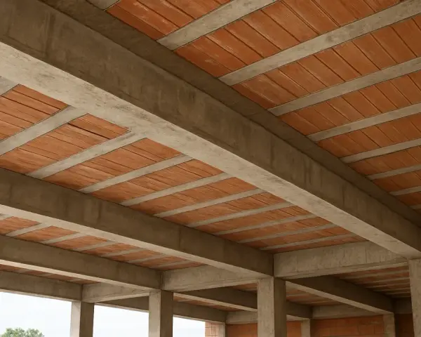 Widok na betonowe belki i pustaki ceramiczne, ukazujący różne rodzaje stropów w budowie.