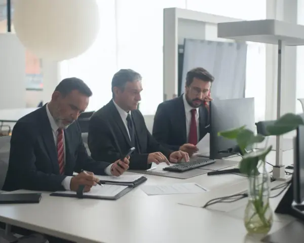 Trzech mężczyzn w garniturach przy biurku. Jeden pisze, drugi patrzy na telefon, trzeci rozmawia przez telefon. Czyżby to byli best s.a. oszuści?