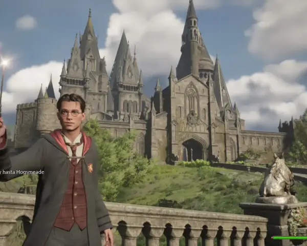 Estudiante con varita mágica frente al castillo de Hogwarts en Hogwarts Legacy Switch 2.