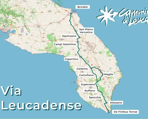 Mappa della Via Francigena del Sud, che attraversa la Puglia da Brindisi fino a De Finibus Terrae, toccando località come Lecce e Alessano.