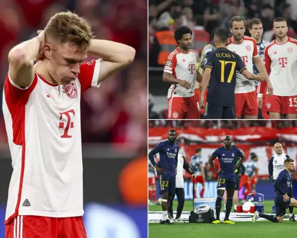 Jugadores de Madrid y Bayern en el campo. Un jugador del Bayern se lleva las manos a la cabeza.