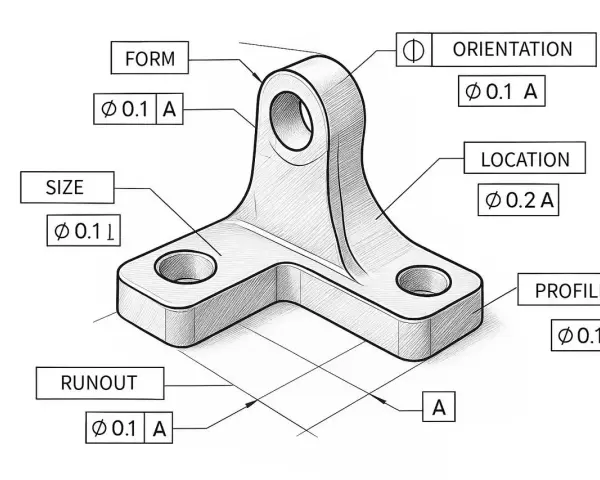 Rysunek techniczny z symbolami GD&T: FORM, SIZE, ORIENTATION, LOCATION, PROFILE, RUNOUT. Precyzyjne wymiary i tolerancje dla części.