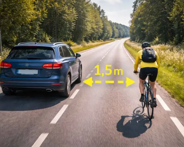 En bil kör nära en cyklist på en landsväg i Sverige. Texten "1,5m" indikerar avståndet mellan dem.