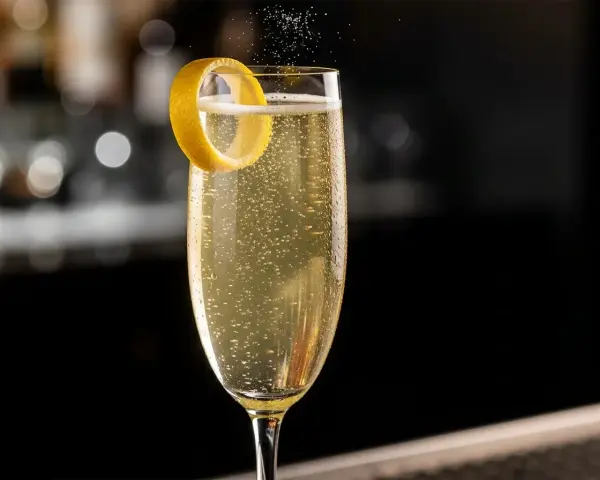 Ett glas French 75 med bubblor och citronskal. En klassisk drink med en intressant french 75 historia.