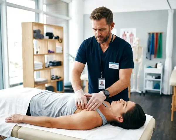 Fizjoterapeuta wykonuje masaż klatki piersiowej, pokazując jeden z rodzajów fizjoterapii.