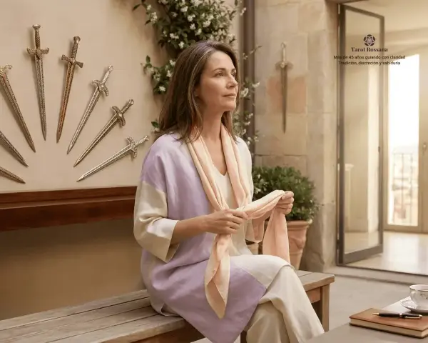 Mujer reflexiva junto a espadas decorativas. Las as de espadas combinaciones pueden simbolizar nuevos comienzos y claridad mental.