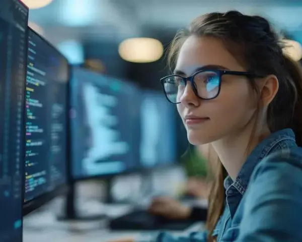 Une jeune femme programmeuse, tel une dj femme techno, travaille sur des lignes de code complexes devant plusieurs écrans lumineux.