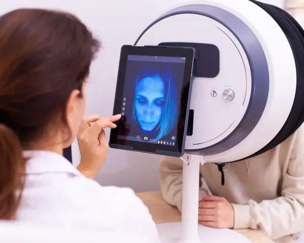 Lekarz analizuje obraz twarzy pacjenta na tablecie, wykorzystując zaawansowane urządzenie do diagnostyki chorób skóry.
