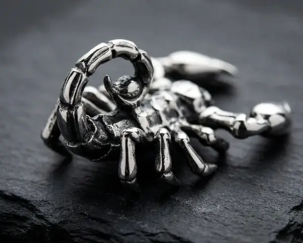 Metalowy skorpion, symbol znaku zodiaku Skorpion, prezentuje swoje szczypce i żądło na ciemnym tle.