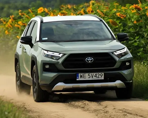 Zielona Toyota RAV4 jedzie po piaszczystej drodze, otoczona słonecznikami. To jeden z najmniej awaryjnych aut, gotowy na każdą przygodę.