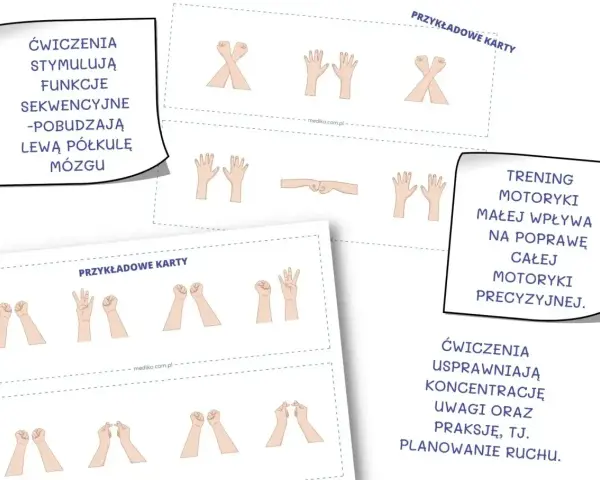 Ćwiczenia usprawniające motorykę małą i precyzję, wspierające trening motoryczny dla dzieci. Karty z sekwencjami ruchów dłoni.