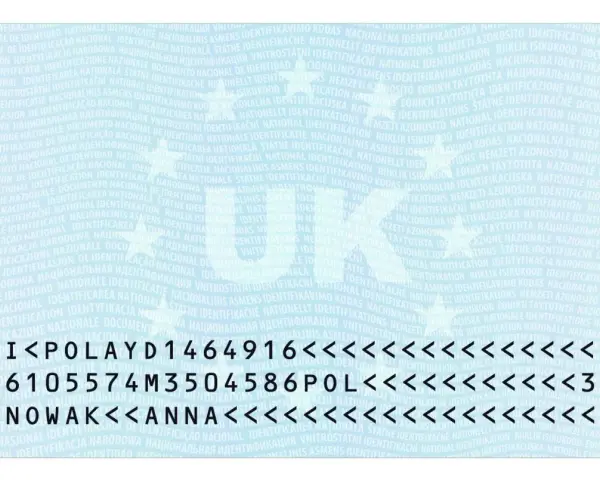 Karta identyfikacyjna z danymi: POLAYD1464916, 6105574M3504586POL, NOWAK, ANNA. To jest przykład eea national id card co to.