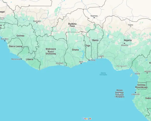 Mapa Afryki Zachodniej. Widoczny jest kraj Benin, położony między Togo a Nigerią, nad Zatoką Gwinejską.