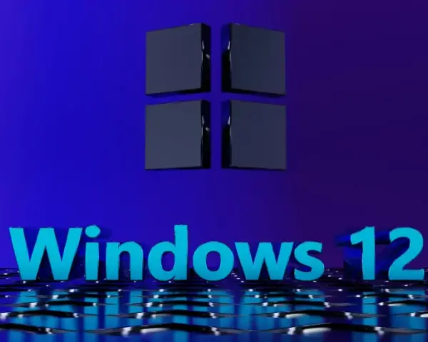 Trójwymiarowe logo Windows 12 na tle gradientowym.