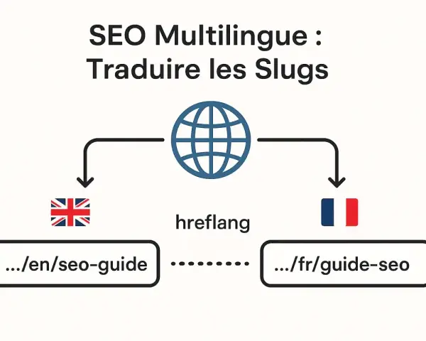 Schéma SEO multilingue : traduction des slugs pour WordPress. Un lien entre l'anglais (.../en/seo-guide) et le français (.../fr/guide-seo) via hreflang.
