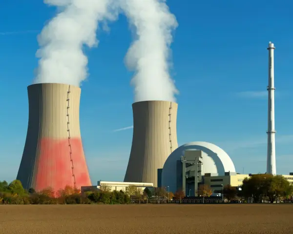Dwie chłodnie kominowe i kopuła elektrowni atomowej, symbolizujące moc elektrowni atomowej w Polsce.