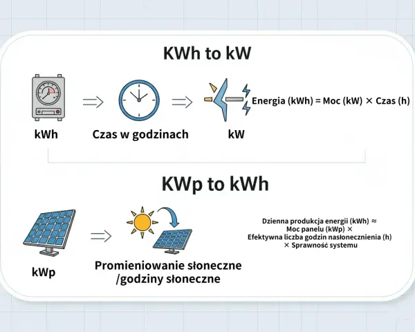 Wyjaśnienie, ile to jeden kw. Schemat pokazuje, jak energia (kWh) powstaje z mocy (kW) i czasu (h), a produkcja energii z paneli fotowoltaicznych zależy od mocy (kWp), godzin słonecznych i sprawności.