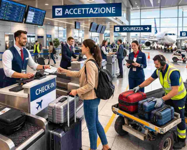Personale sorridente al check-in, passeggeri con bagagli e addetti che lavorano in aeroporto.