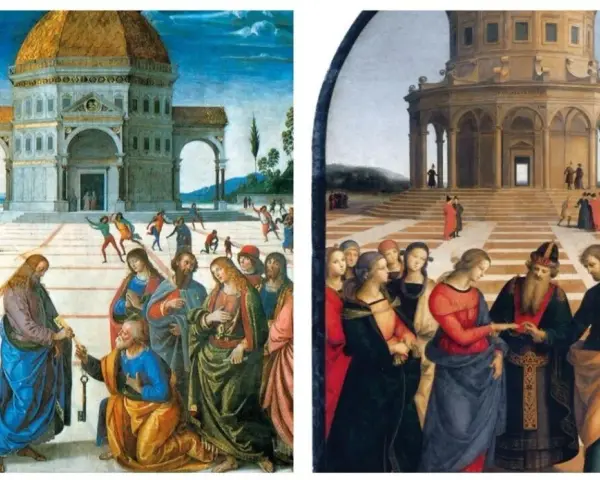 Deux scènes d'une oeuvre de la Renaissance italienne : remise des clés et mariage. Architecture classique, personnages en toges.