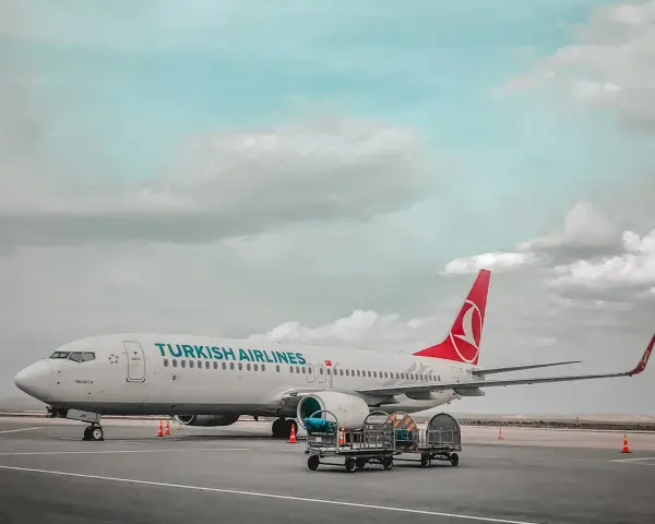 Samolot Turkish Airlines na płycie lotniska. Czy to lot czarterowy? Czekamy na pasażerów.