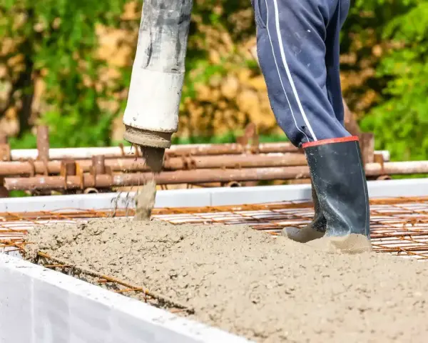 Beton B30 wylewany z pompy na zbrojenie. Pracownik w gumowcach stoi w świeżej masie, pilnując prawidłowych proporcji.