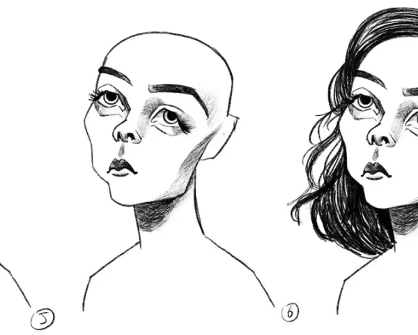 Caricature exemple : trois étapes d'un dessin au trait d'un visage féminin aux grands yeux, d'abord chauve puis avec des cheveux ondulés.