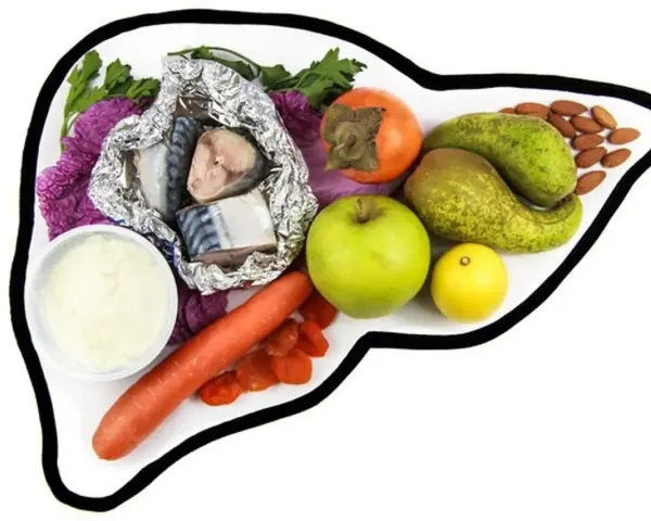 Zdrowa dieta dla wątroby: ryby, jabłka, gruszki, marchew, migdały, suszone morele, jogurt.