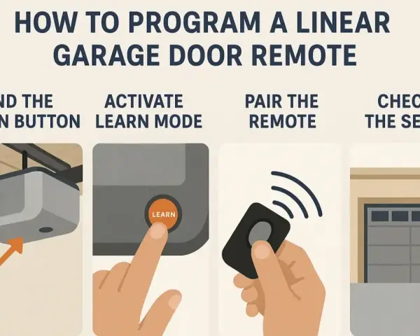 Illustration showing steps to program a garage door opener: finding the learn button, activating learn mode, pairing the remote, and checking the setup.