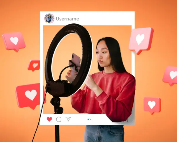 Joven creando contenido para publicidad con influencers, rodeada de notificaciones de "me gusta".