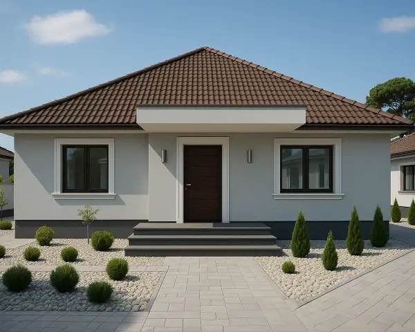 Jasnoszara elewacja idealnie komponuje się z brązowym dachem, tworząc harmonijną całość. Dom z brązowymi oknami i drzwiami prezentuje się elegancko.