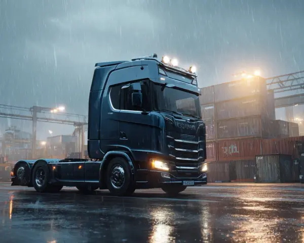 Ciemny Scania gotowy do prywatnych zleceń transportowych, stojący na mokrym placu w deszczu, wśród kontenerów.