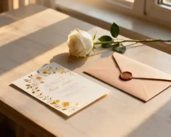 Eleganckie zaproszenie ślubne z różą i kopertą z pieczęcią. Czekam na Twoje rsvp!