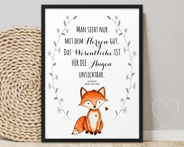Gerahmtes Bild mit Fuchs und Zitat aus "Der kleine Prinz": "Man sieht nur mit dem Herzen gut.