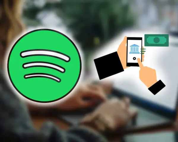 Spotify-Logo neben einer Hand, die ein Smartphone mit Bank-Symbol und Geldschein hält. Dies illustriert Spotify-Zahlungsmethoden.