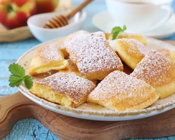 Puszysty omlet z jabłkiem, posypany cukrem pudrem, na talerzu z listkiem mięty. Obok jabłka i miód.