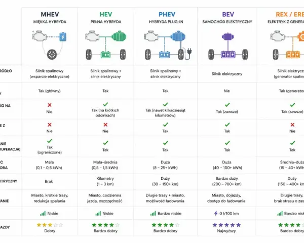 Porównanie rodzajów hybryd: MHEV, HEV, PHEV, BEV, REX/EREV. Tabela przedstawia kluczowe cechy napędów.