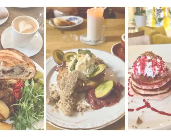 Leckeres vegan breakfast in Berlin: Croissant, Pancakes und ein süßer Kuchen mit Pflaumen.