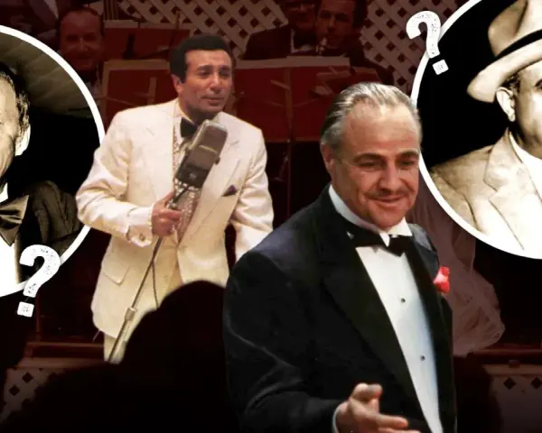 Frank Sinatra, Marlon Brando und ein Mann mit Hut, der an die Frank Sinatra Mafia-Ära erinnert.