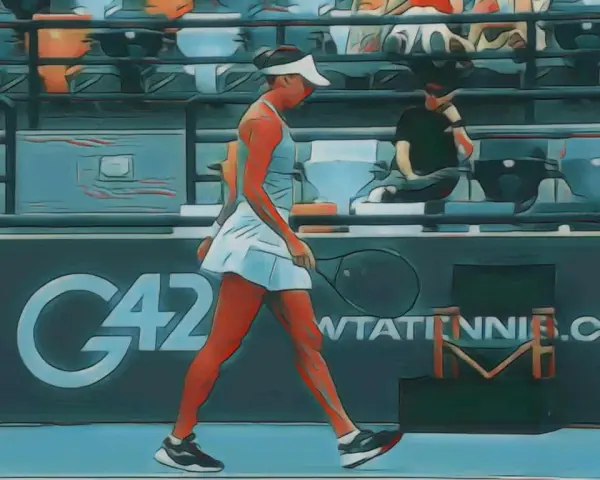 Tenisistka idzie po korcie, trzymając rakietę. Tło sugeruje turniej WTA Abu Dhabi 2026.
